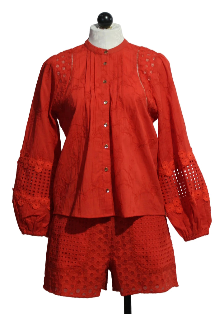 Lava Red Martha Blouse by Emily Lovelock  paired with the Lava Red Nova Shorts by Emily Lovelock