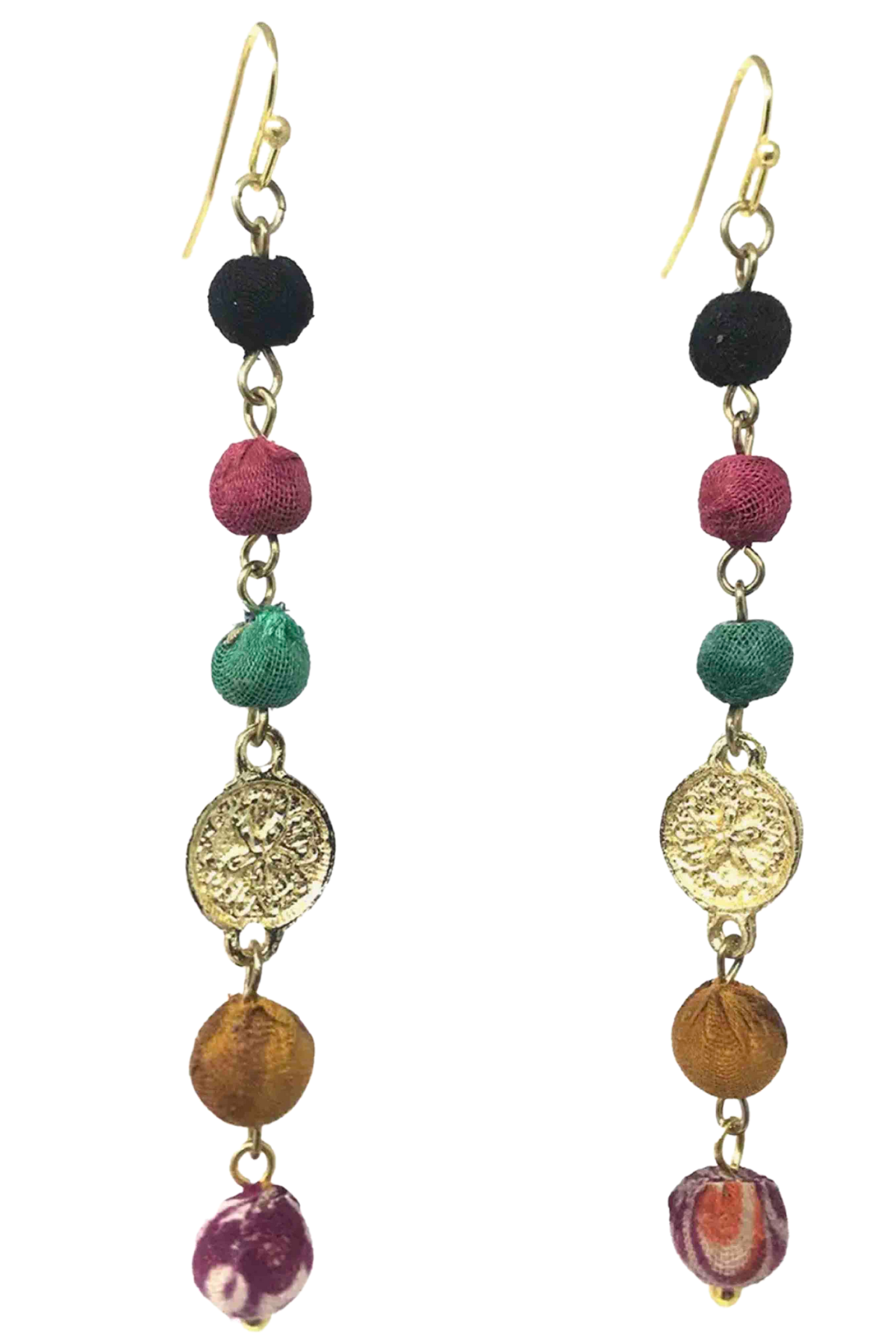 Multicolored Kantha Raindrop Earrings by World Finds