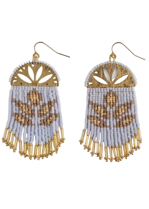 Sky Blue Beaded Handwoven Lotus Fringe Earrings by Mayana Designs Co