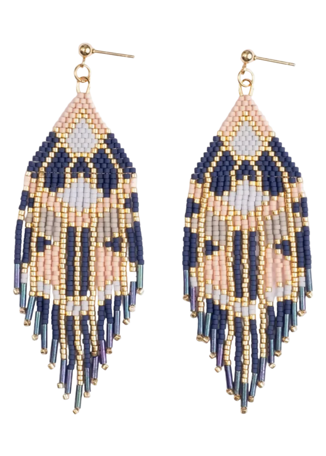 Blue/Pink Beaded Handwoven Manhattan Fringe Earrings-Mayana Design Co