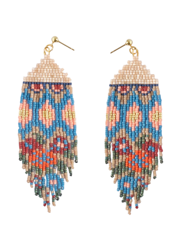 Ocean Sunset Beaded Handwoven Huipil Fringe Earrings by Mayana Designs Co