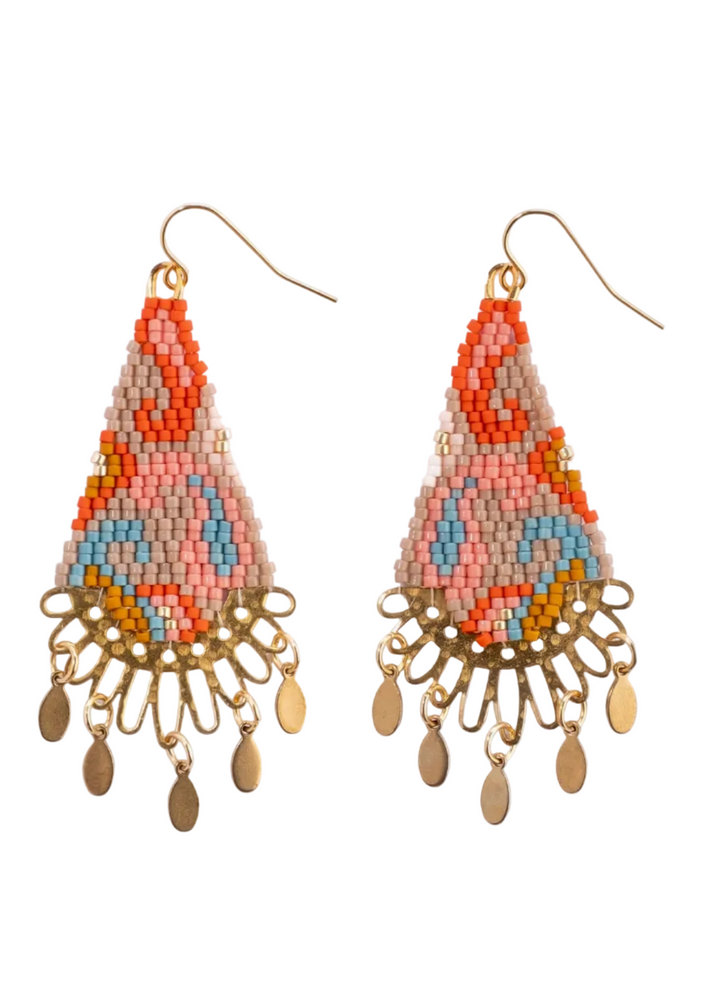 Beaded Handwoven Paisley Drop Earring in Beige by Mayana Design Co