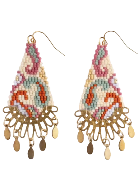 Cream colored Beaded Handwoven Paisley Drop Earring by Mayana Designs Co. 