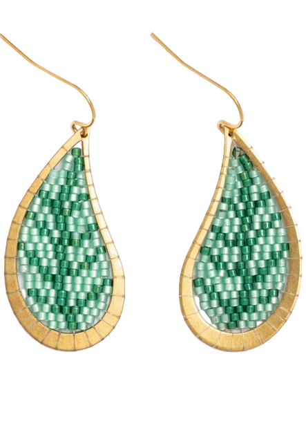 Green Beaded Handwoven Brass Framed Leaf Earrings by Mayana Designs Co
