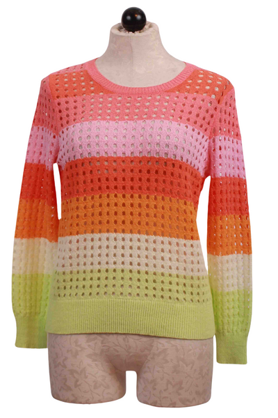 Multicolored Crewneck Striped Open Weave Sweater by Elena Wang