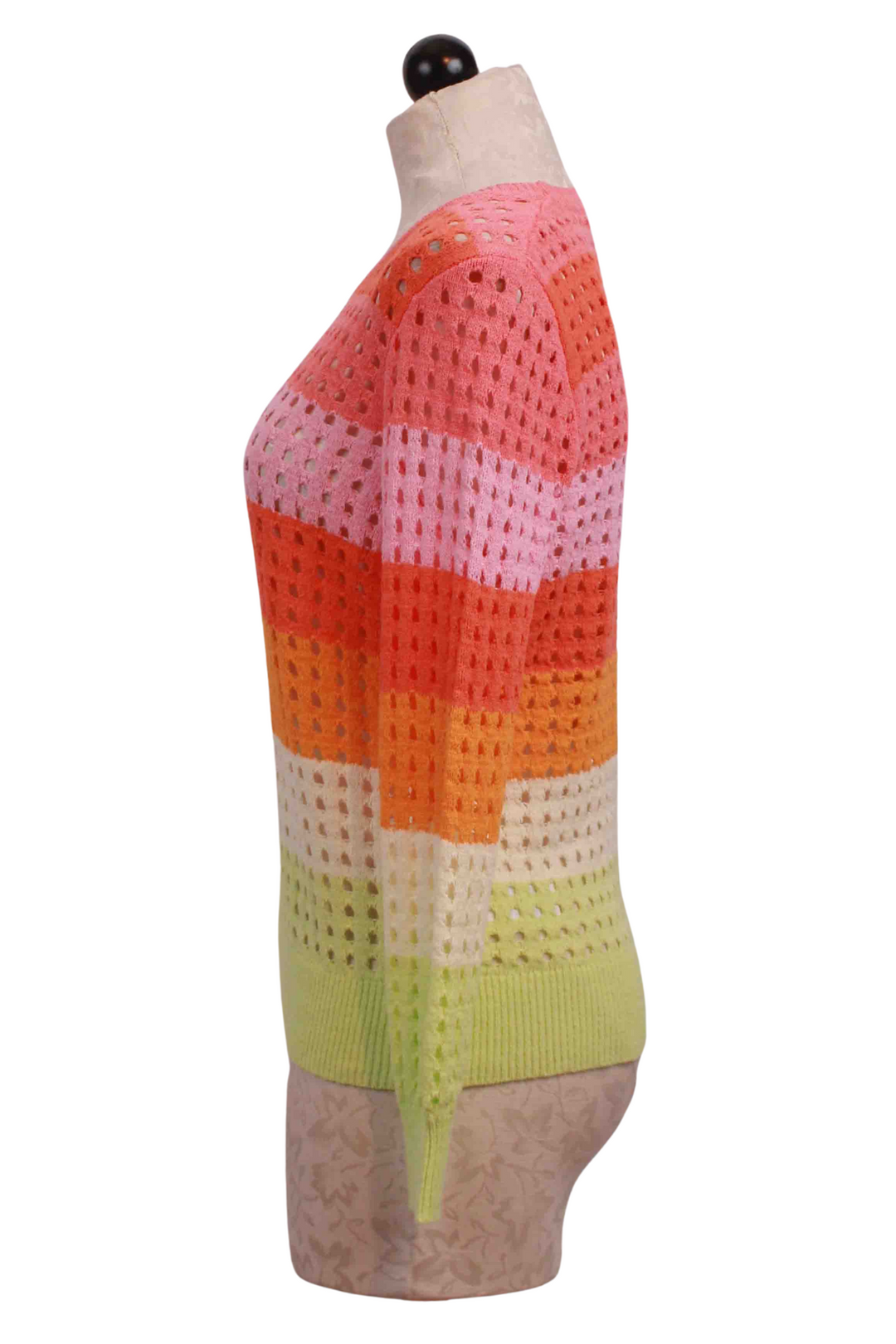 side view of Multicolored Crewneck Striped Open Weave Sweater by Elena Wang