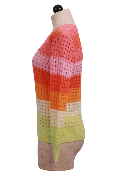 side view of Multicolored Crewneck Striped Open Weave Sweater by Elena Wang