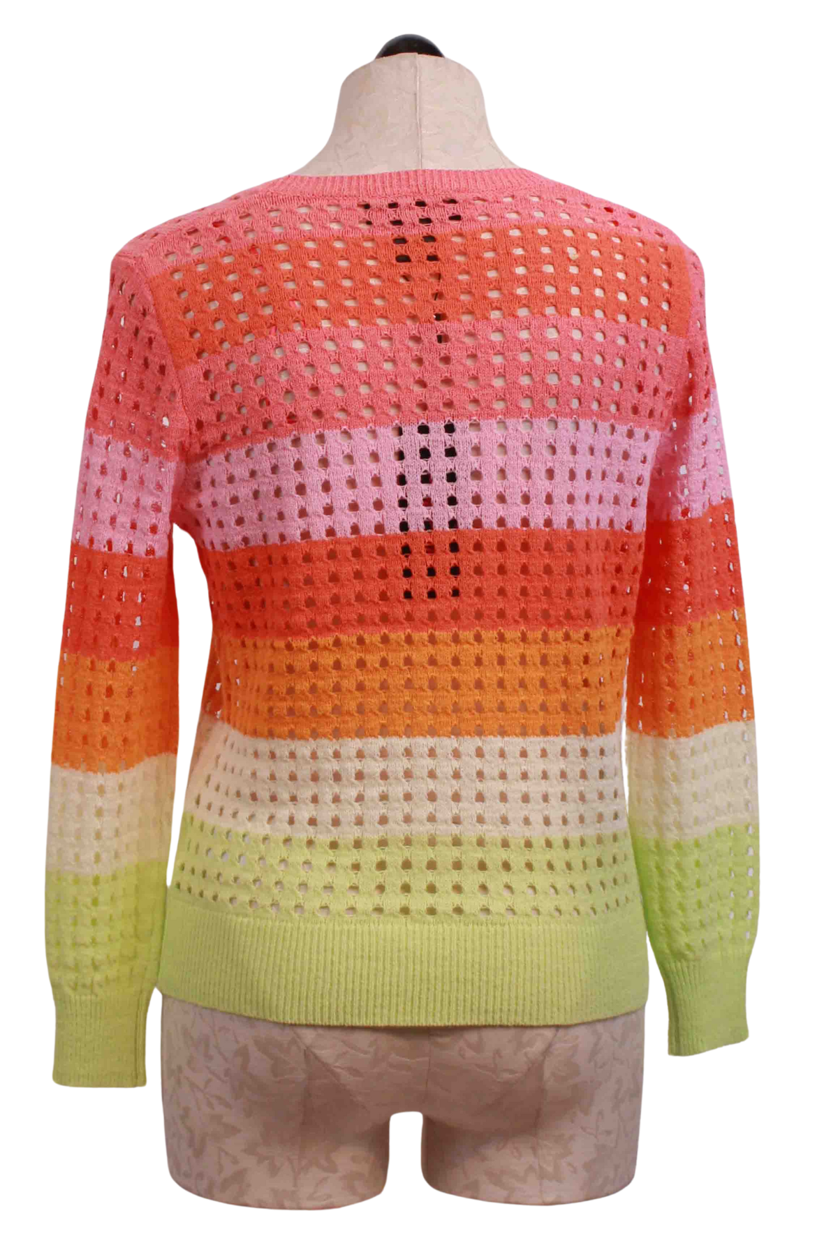 back view of Multicolored Crewneck Striped Open Weave Sweater by Elena Wang