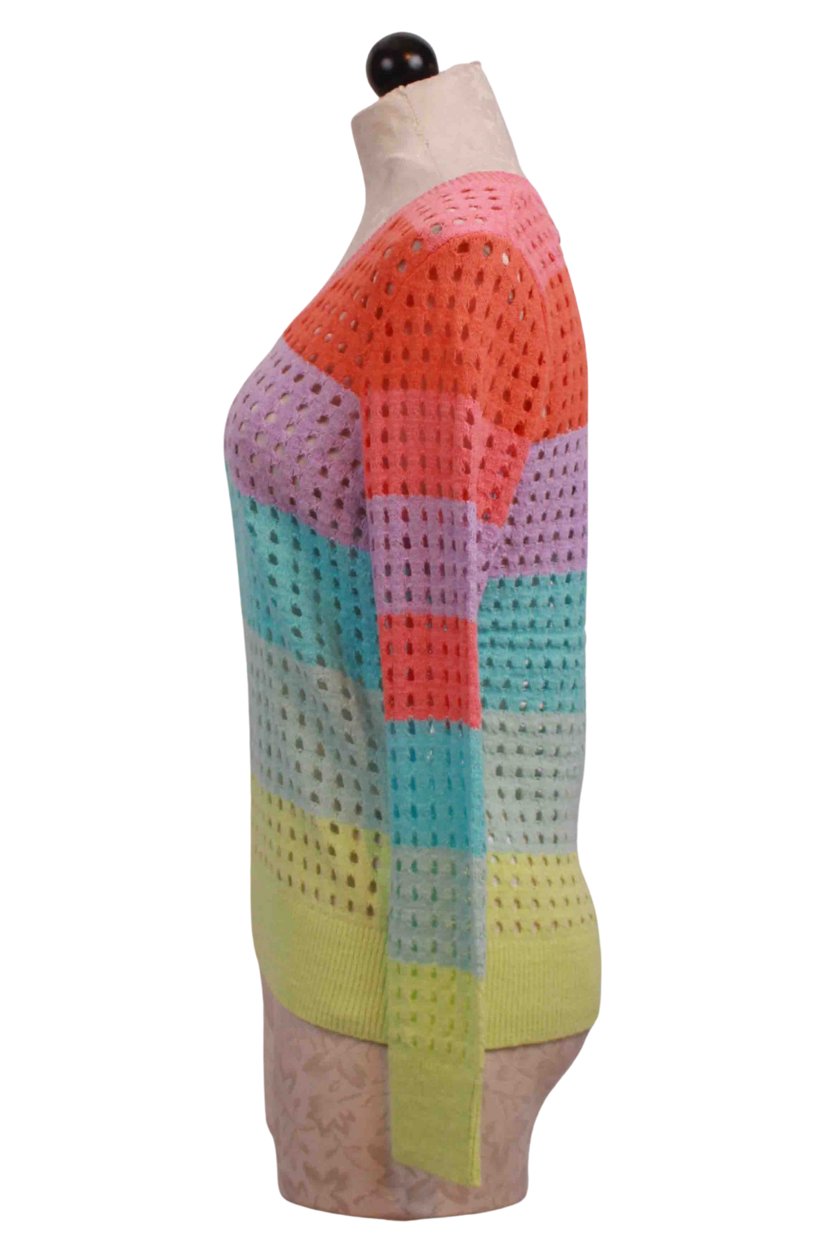 side view of Multicolored V Neck Striped Open Weave Sweater by Elena Wang