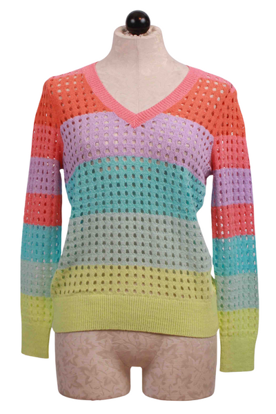 Multicolored V Neck Striped Open Weave Sweater by Elena Wang