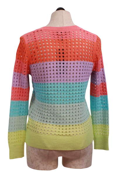 back view of Multicolored V Neck Striped Open Weave Sweater by Elena Wang