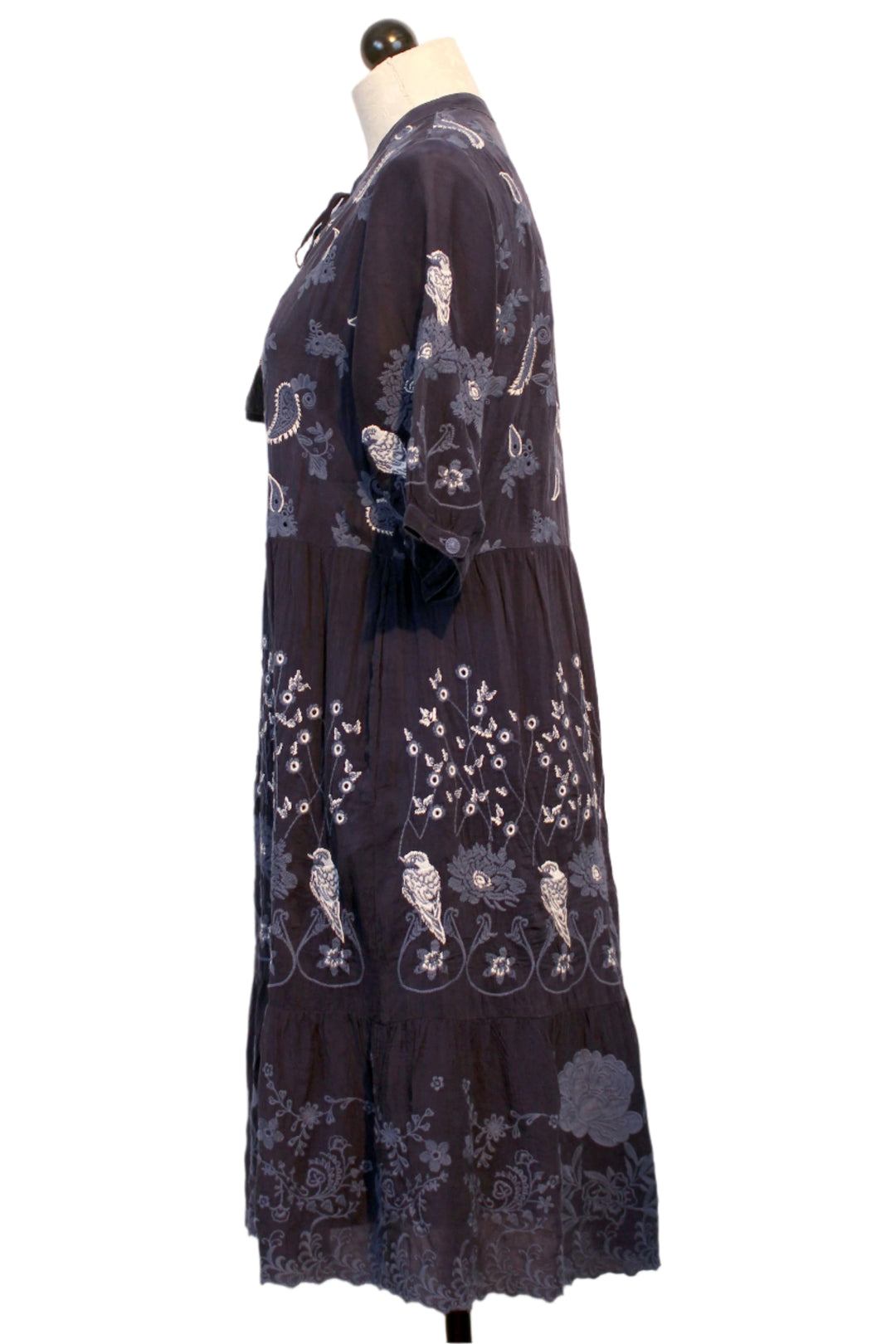 side view of Blue Night Embroidered Eirlys Dress by Johnny Was