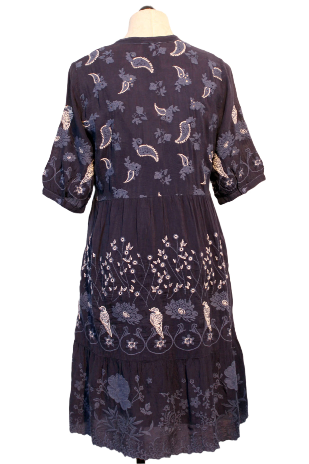 back view of Blue Night Embroidered Eirlys Dress by Johnny Was
