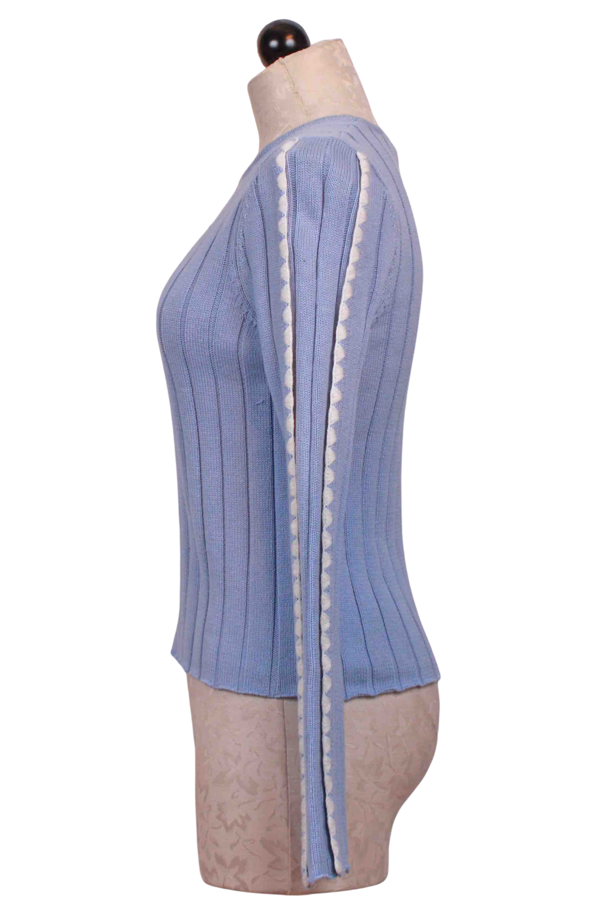 side view of Heron Blue and Ivory Eli Knit Top by Mon Renn