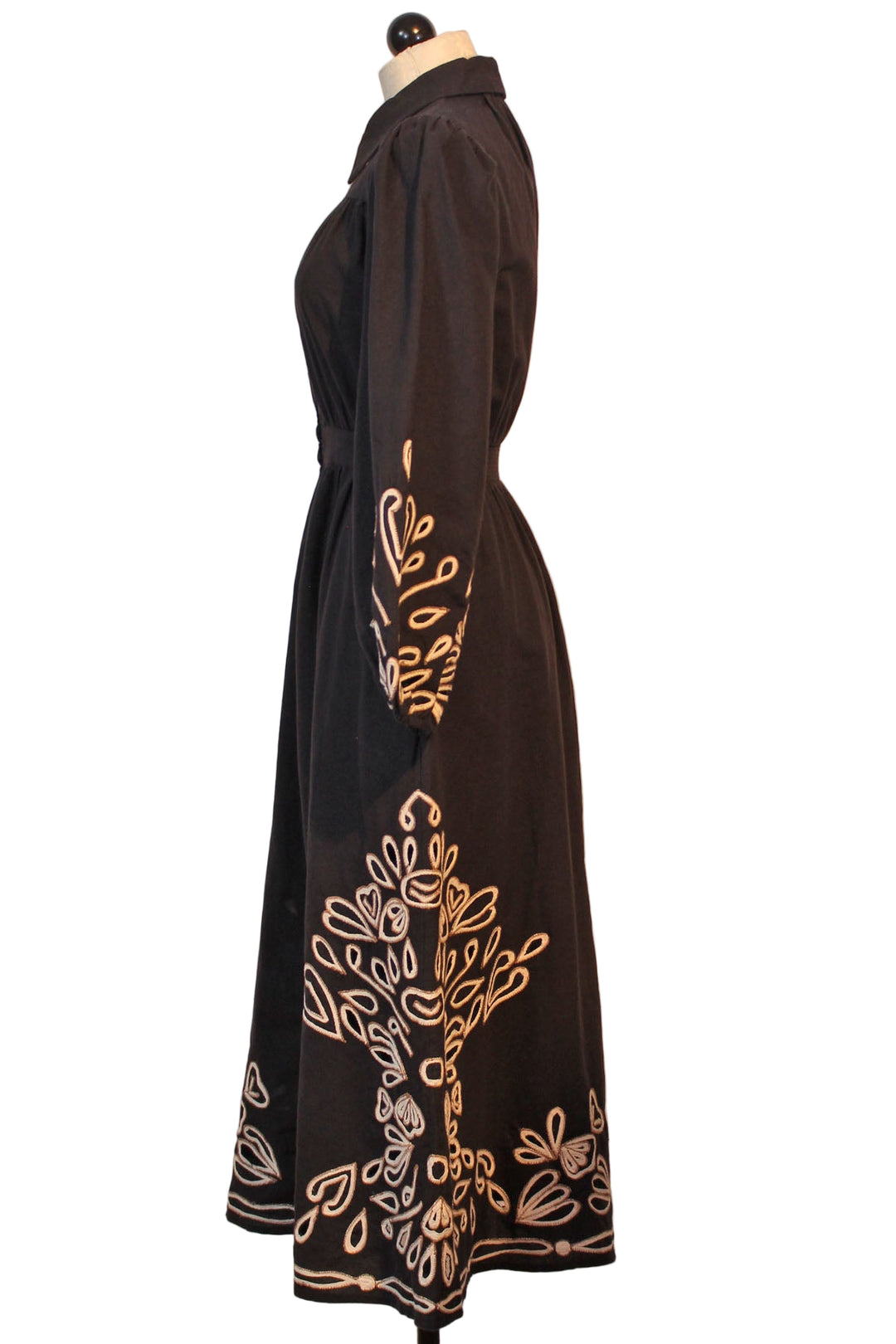 side view of Black with Ivory detailing Elyse Dress by Cleobella 
