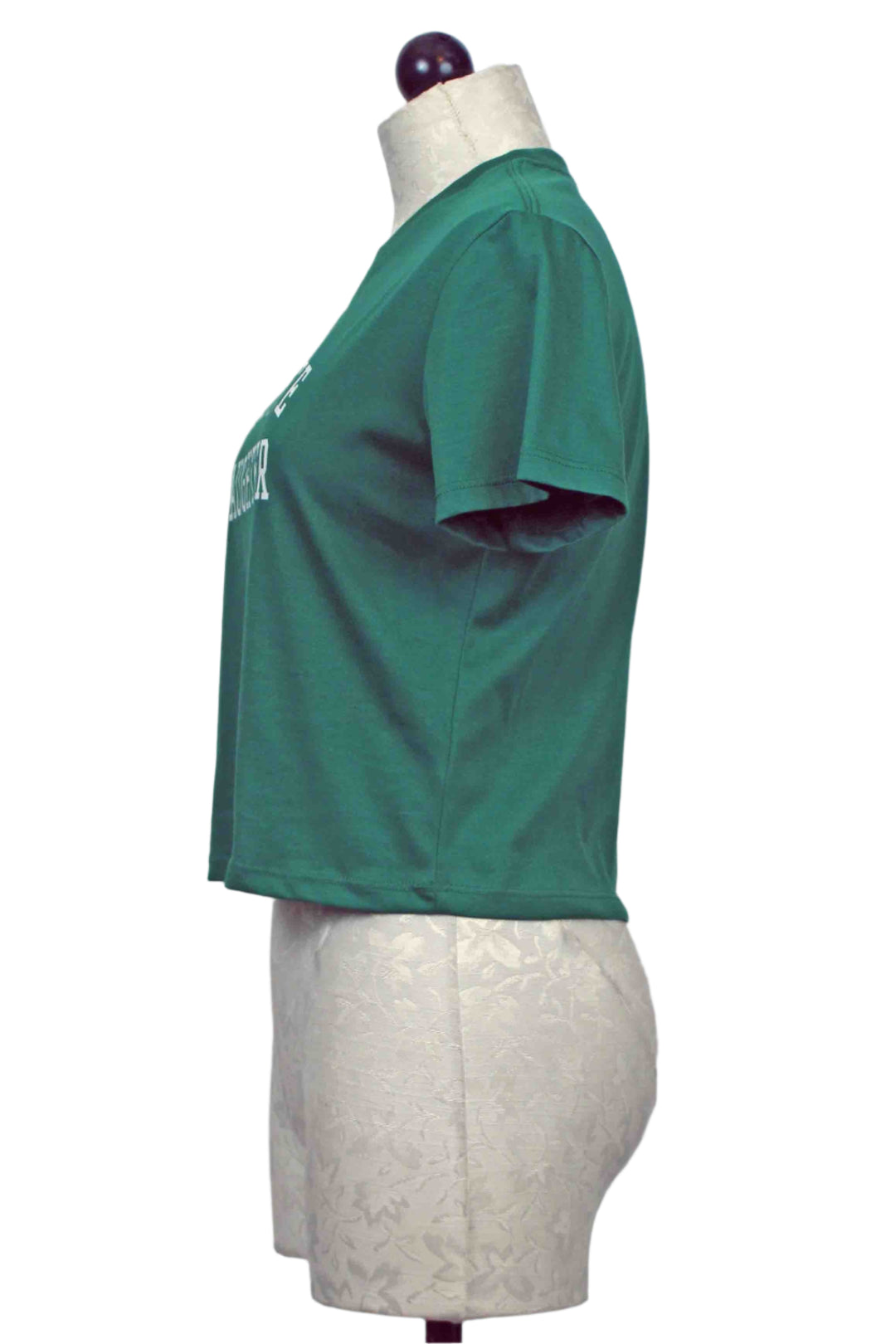 side view of  Emerald with White Cropped Collegiate Tee by Favorite Daughter 