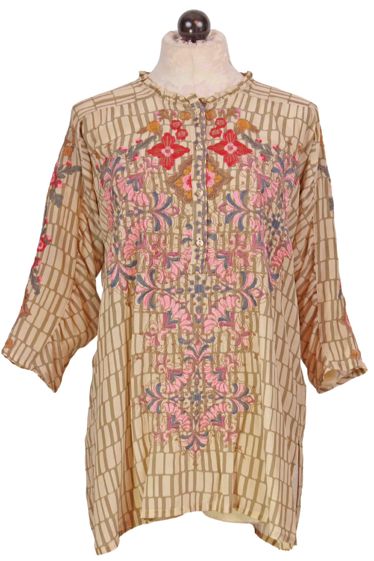 Multicolored Grid Patterned Irma Blouse with Embroidery by Johnny Was