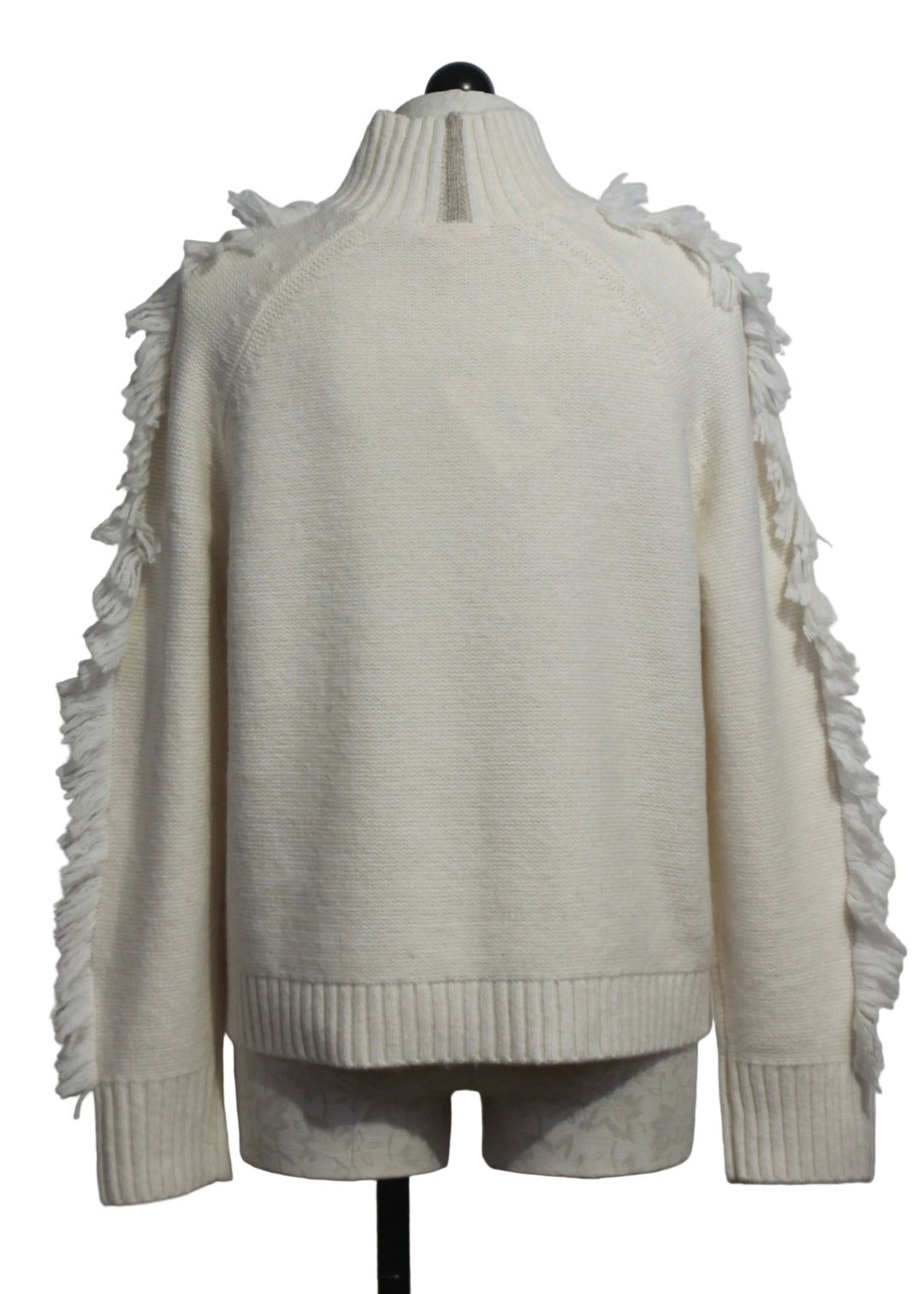 back view of The Winter White Fringe Benefits Sweater by Lisa Todd 