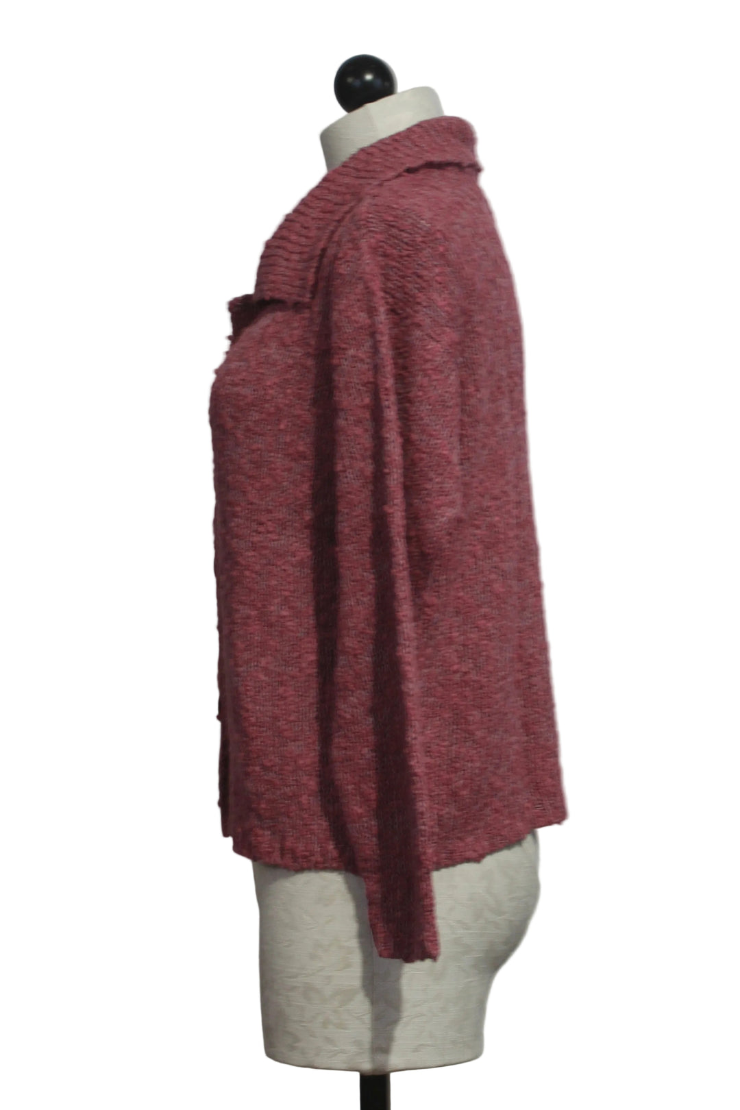 side view of The River Cardigan by Island Tribe Knits in Dusty Rose