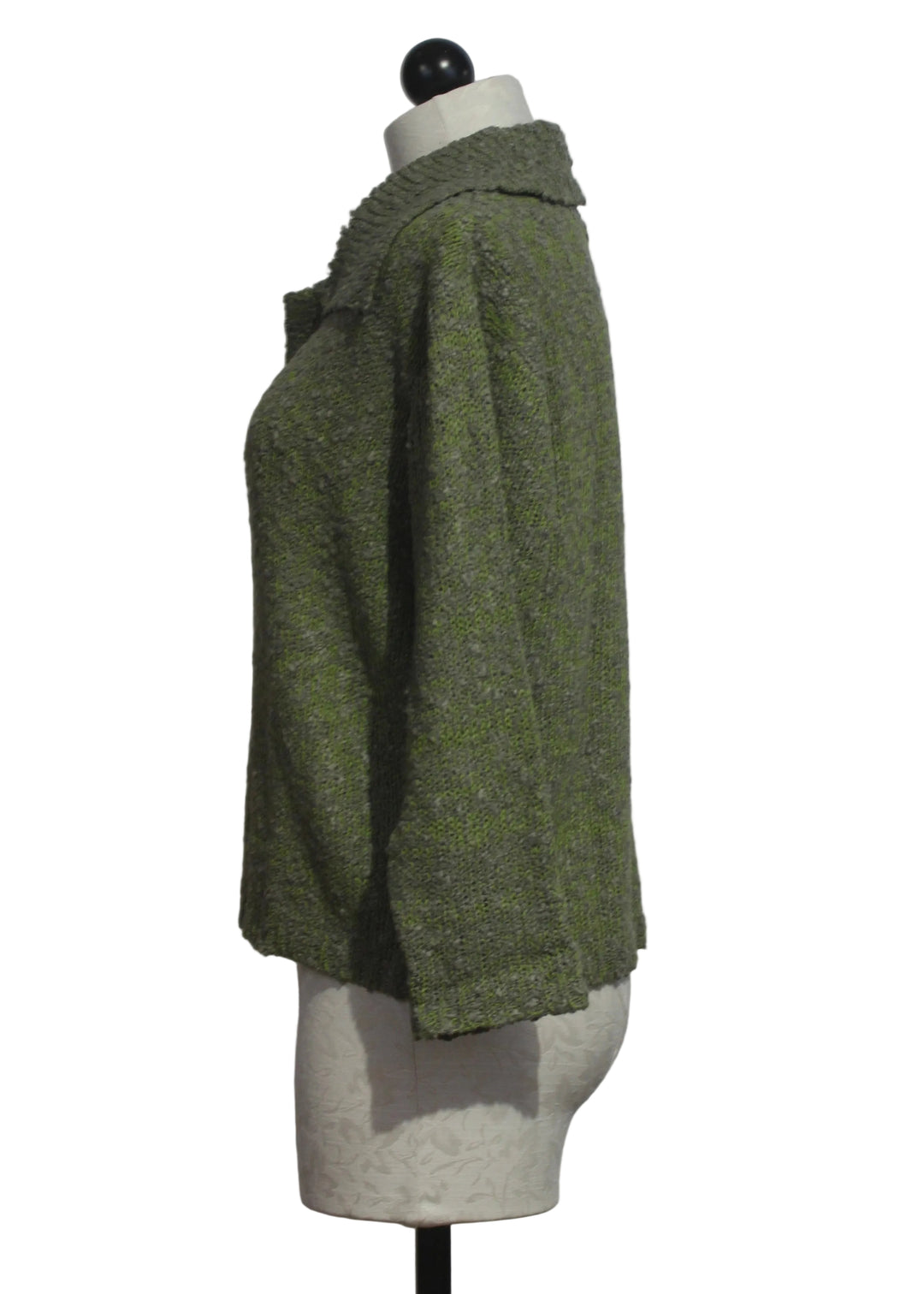 side view of The River Cardigan by Island Tribe Knits in Pistachio
