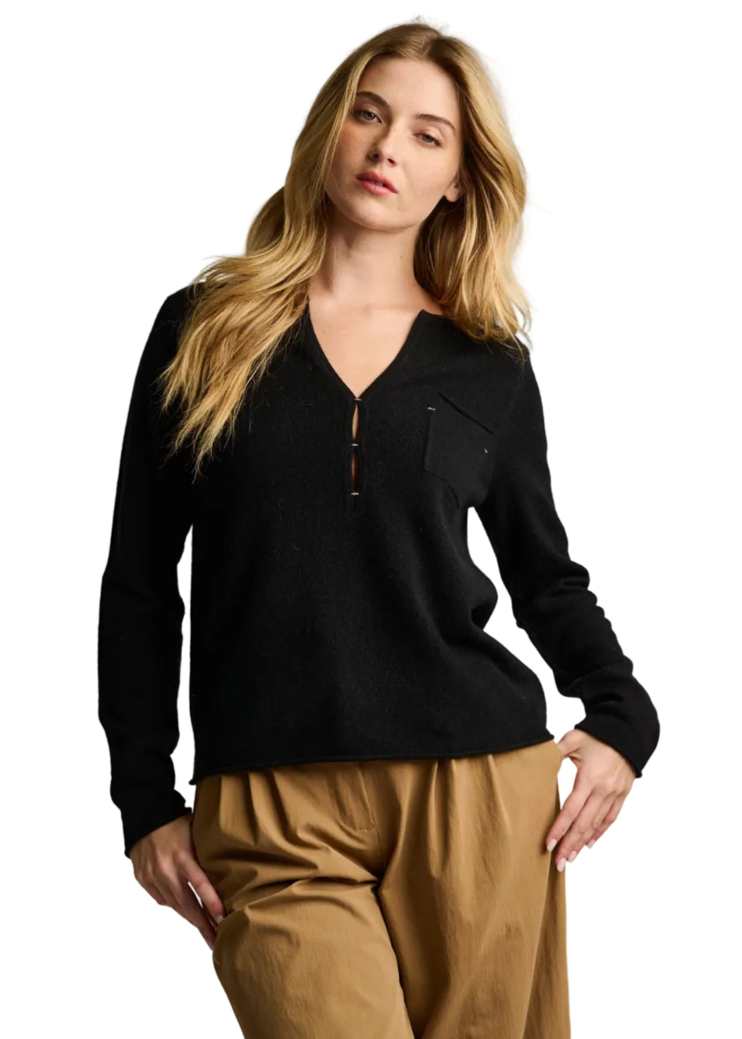 model wearing an Onyx colored Pure Pocket V-Neck Sweater by Lisa Todd