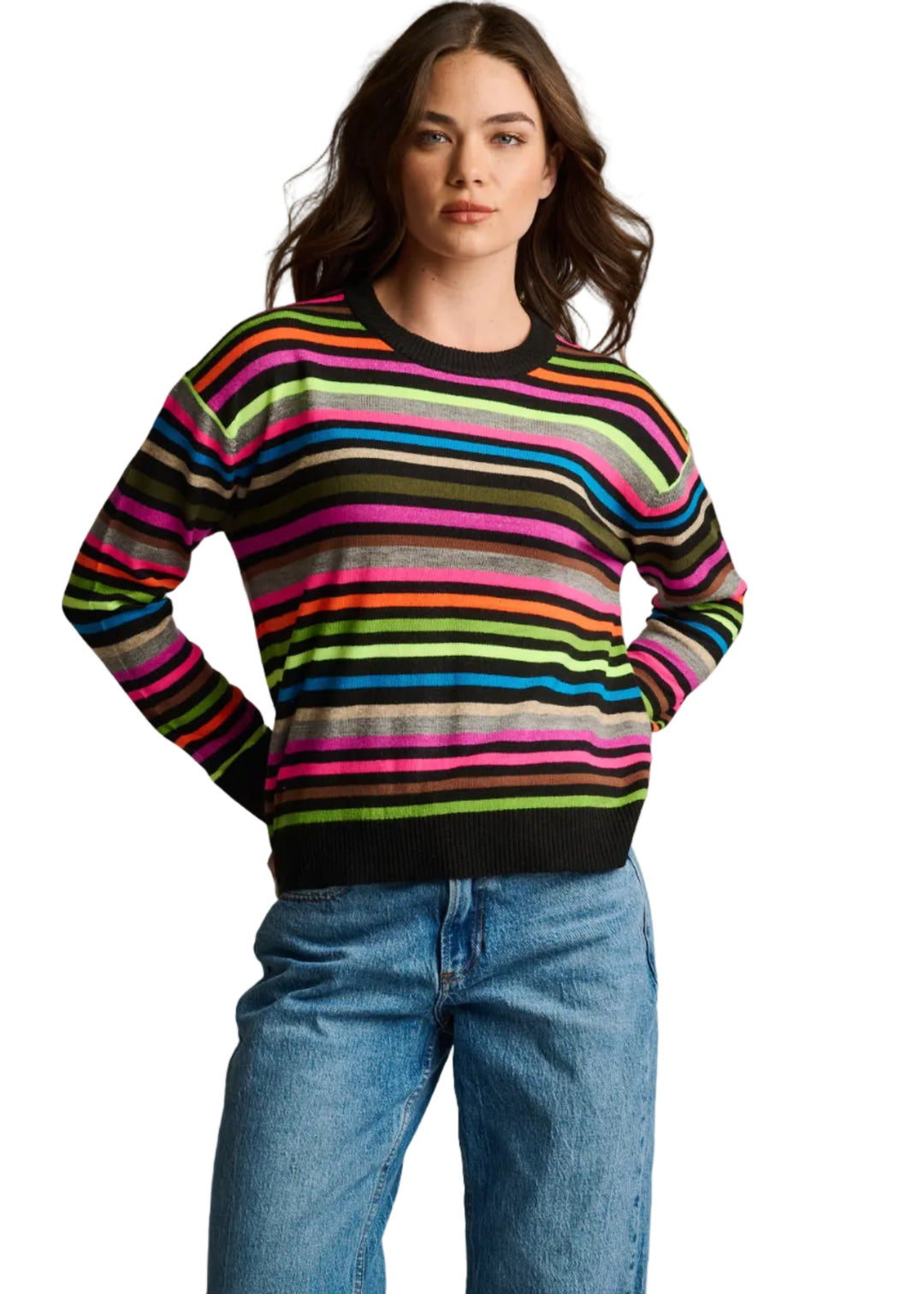 model wearing the BLACK MULTI Hype the Stripe Sweater by Lisa Todd