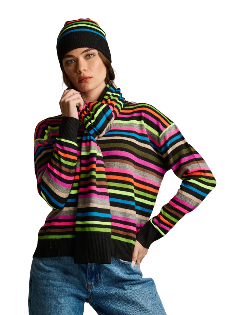 model wearing the BLACK MULTI Hype the Stripe Scarf by Lisa Todd and the matching Sweater and Hat