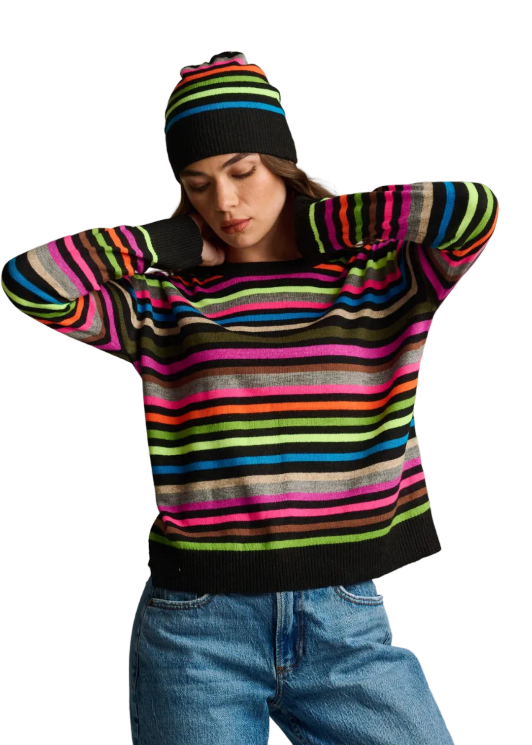 model wearing the BLACK MULTI Hype the Stripe Hat by Lisa Todd with the matching sweater