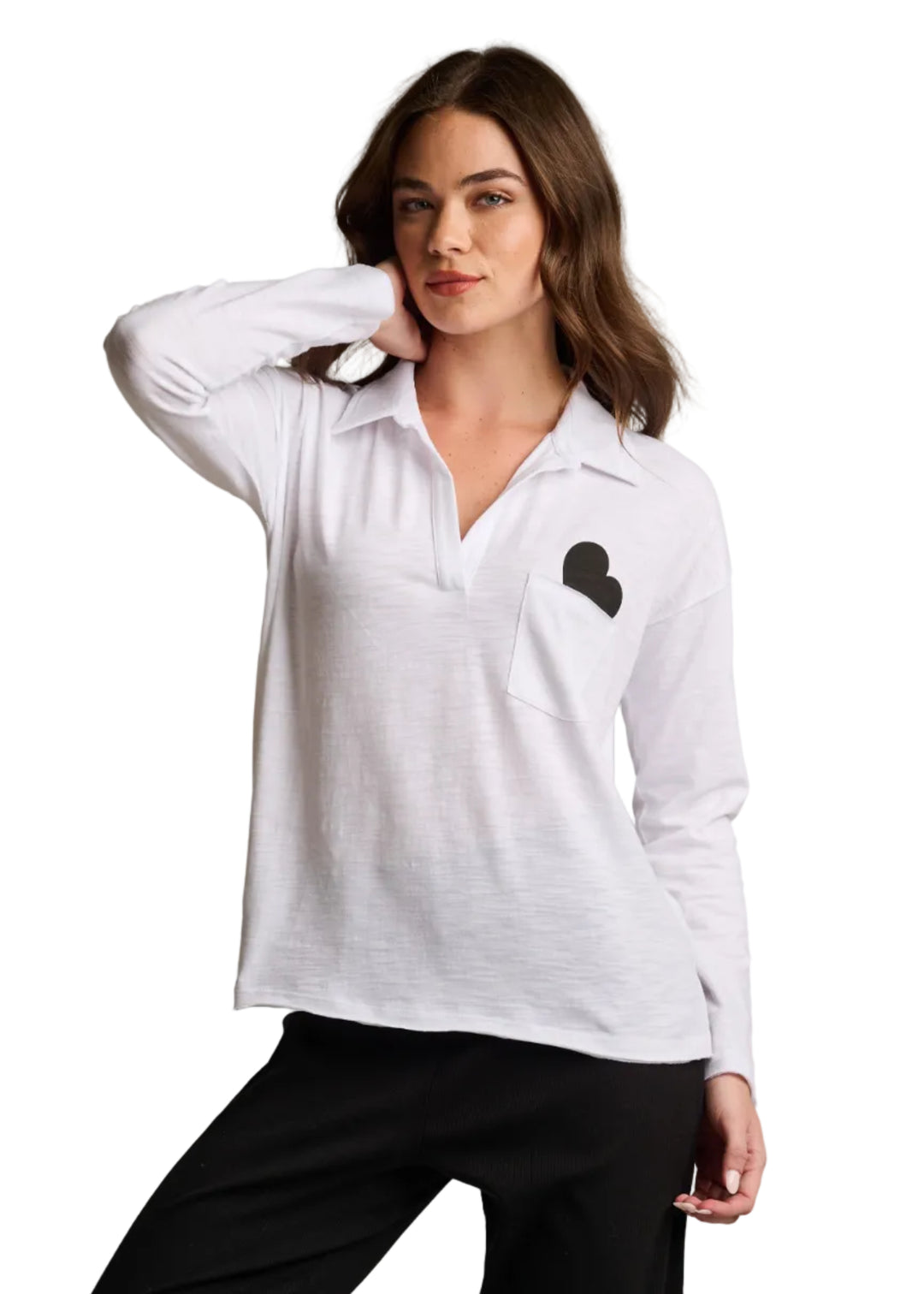 White Long Sleeve Pocket Love Collared Top by Lisa Todd 