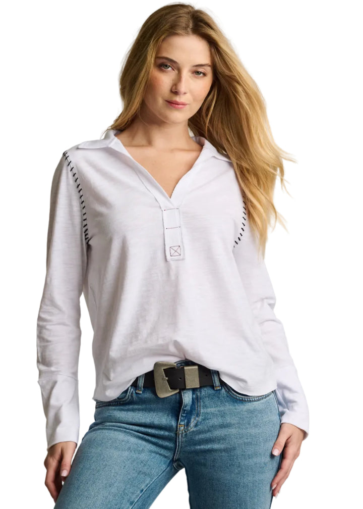 White Long-Sleeve Whipstitching Collared Top by Lisa Todd