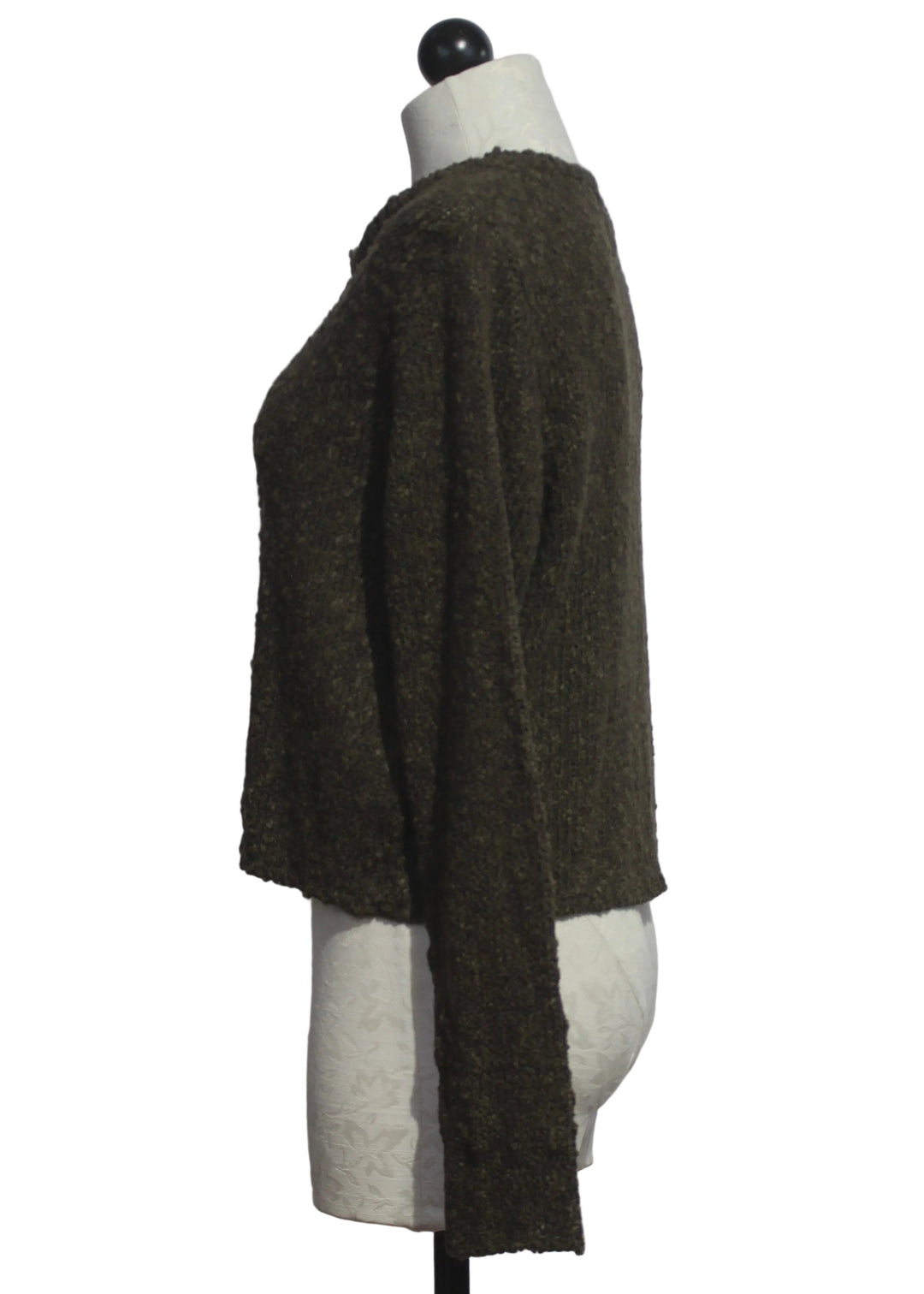 side view of The La Petite Cardi by Island Tribe Knits in Chocolate