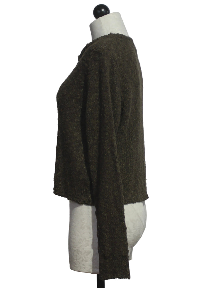 side view of The La Petite Cardi by Island Tribe Knits in Chocolate