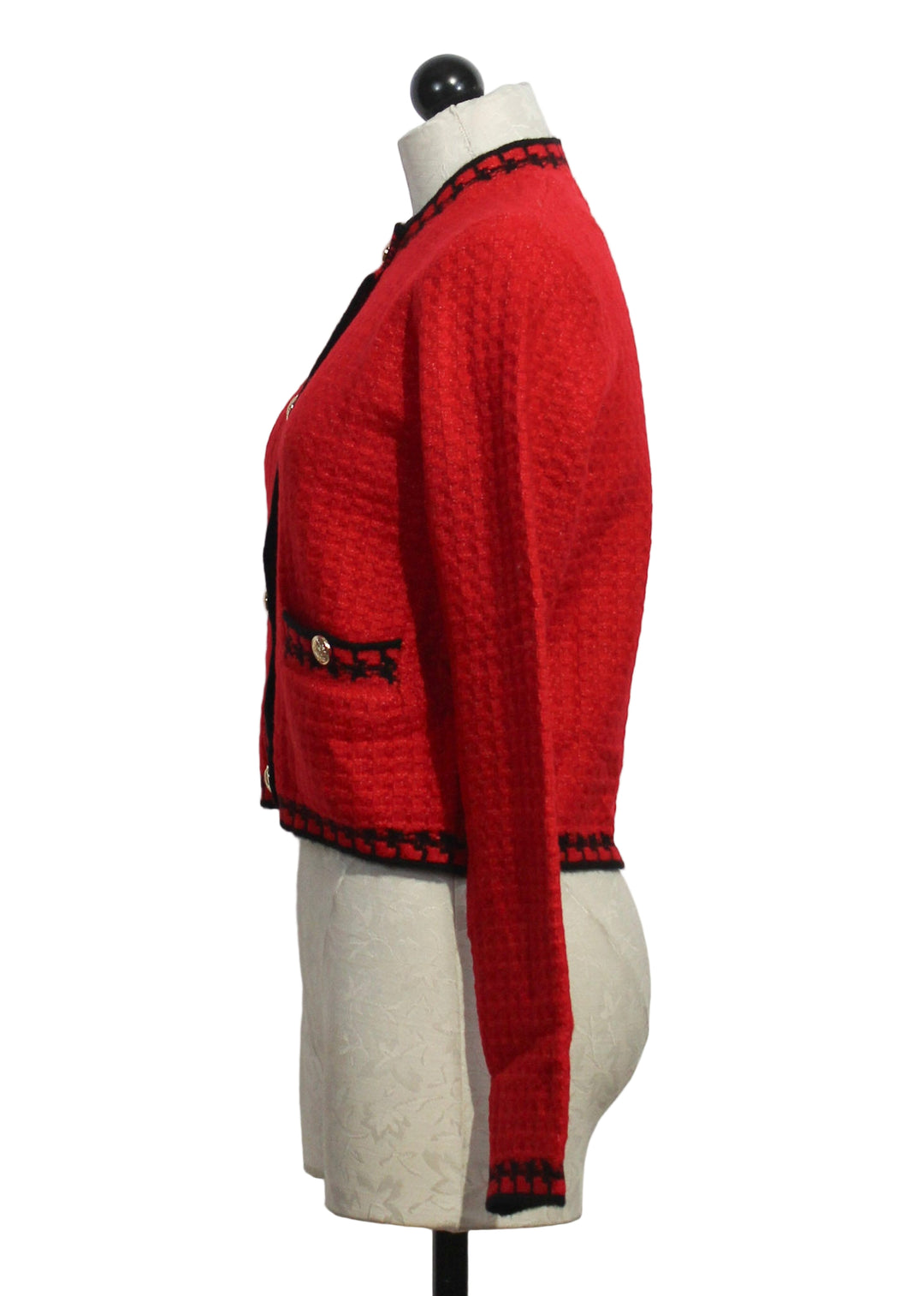 Side view of Preppy Crimson Benedict Cardigan by John and Jenn