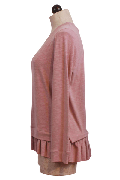 side view of Pink Nectar Long Sleeve Ruffle Bottom Top by Nally and Millie