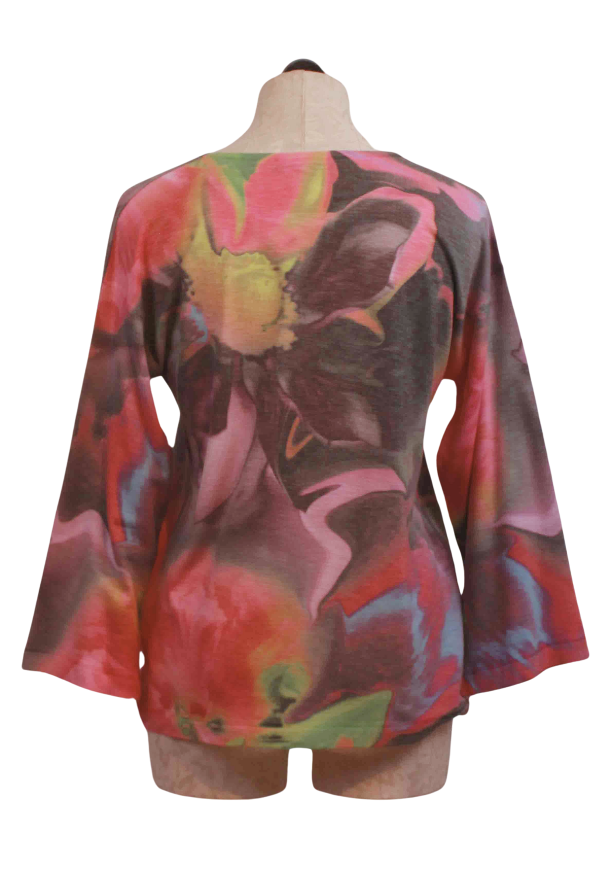 back view of Digital Bloom Long Flared Sleeve Top by Nally and Millie