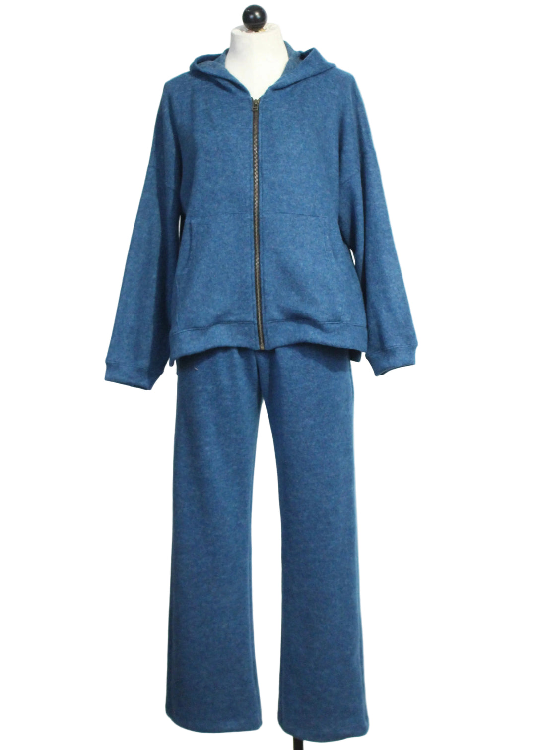 The Brushed Front Zip Hoodie by Nally and Millie in Ocean Blue paired with the matching Brushed Pull-On Pant with Pockets by Nally and Millie in Ocean Blue