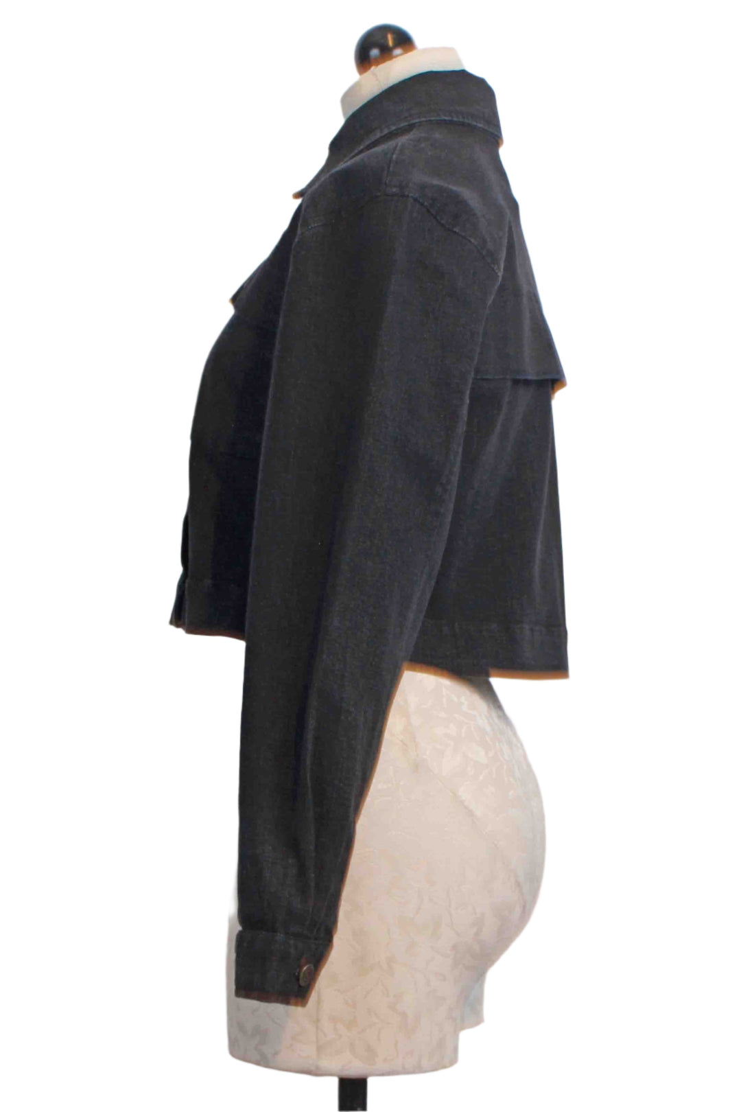 side view of Cropped Dean Black Denim Jacket by Cleobella