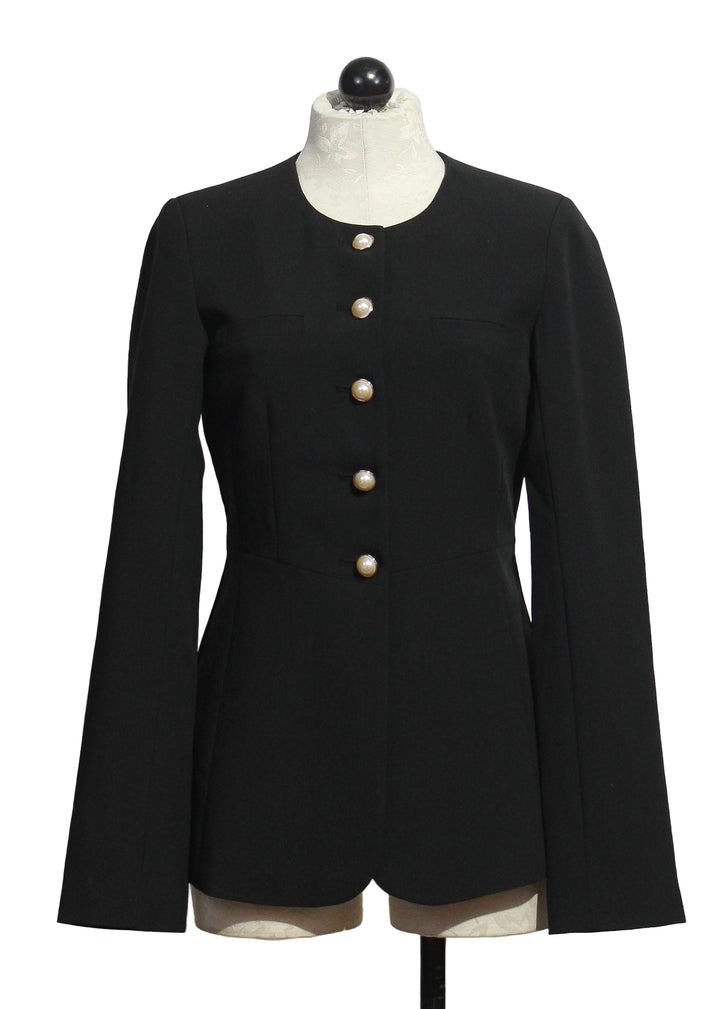 Black Long Sleeve Clocking In Top by Favorite Daughter that is a long-line blazer with a crew neckline and pearlized gold rim buttons