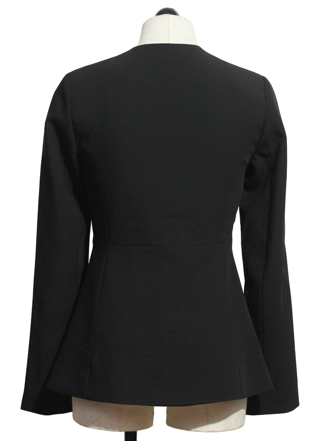 back view of Black Long Sleeve Clocking In Top by Favorite Daughter that is a long-line blazer with a crew neckline and pearlized gold rim buttons