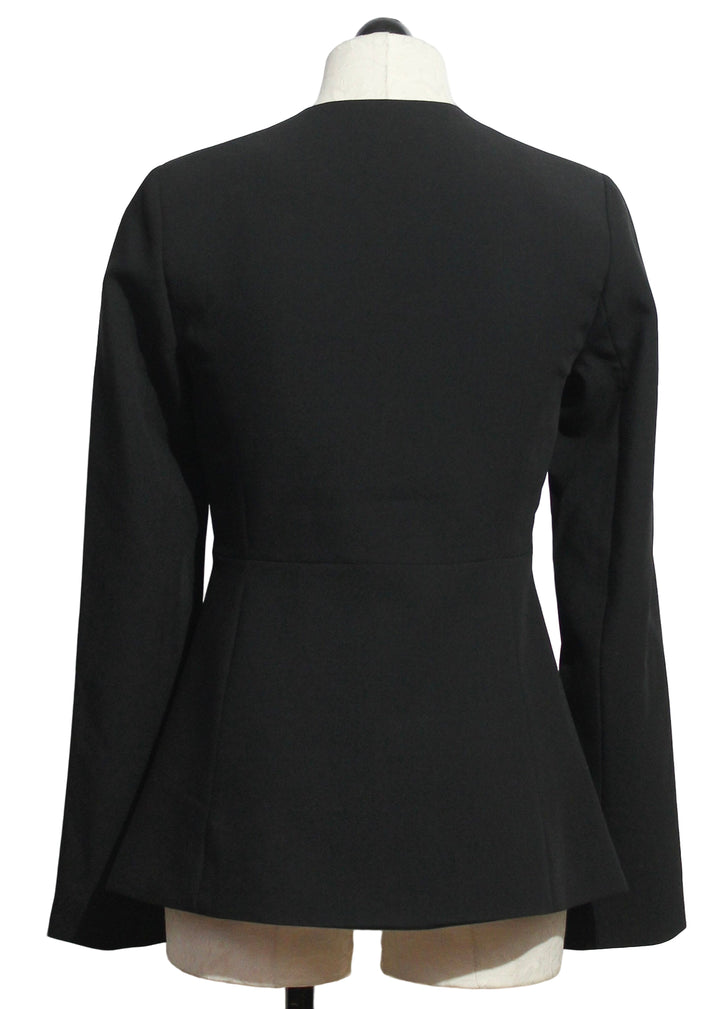 back view of Black Long Sleeve Clocking In Top by Favorite Daughter that is a long-line blazer with a crew neckline and pearlized gold rim buttons
