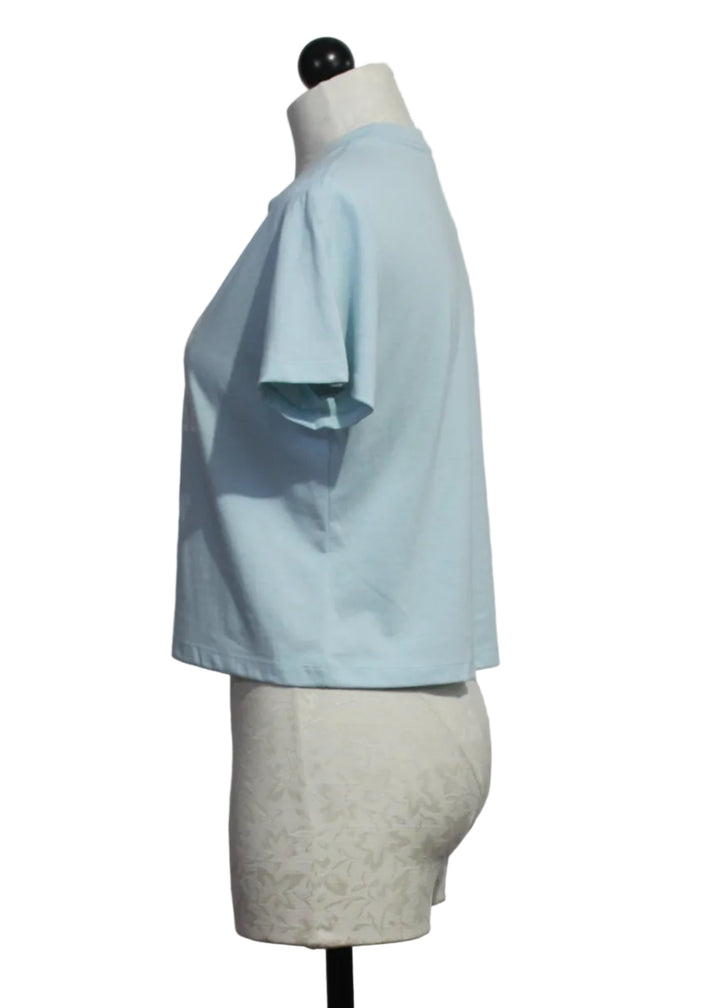 side view of Baby Blue Cropped Collegiate Tee by Favorite Daughter 