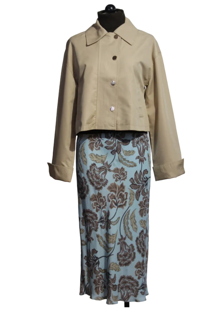The Jojo Skirt by Favorite Daughter in a Sky Blue Paisley Floral paired with the Rue Cropped Trench by Favorite Daughter
