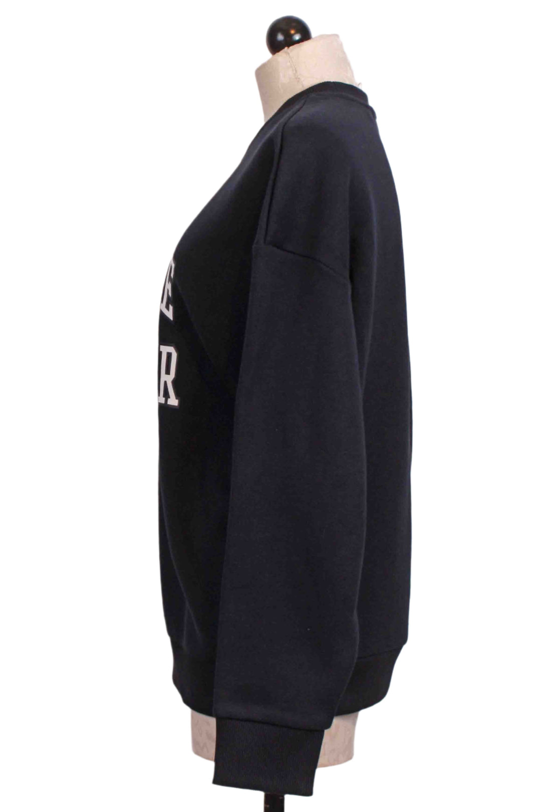 side view of Navy with White Collegiate Sweatshirt by Favorite Daughter