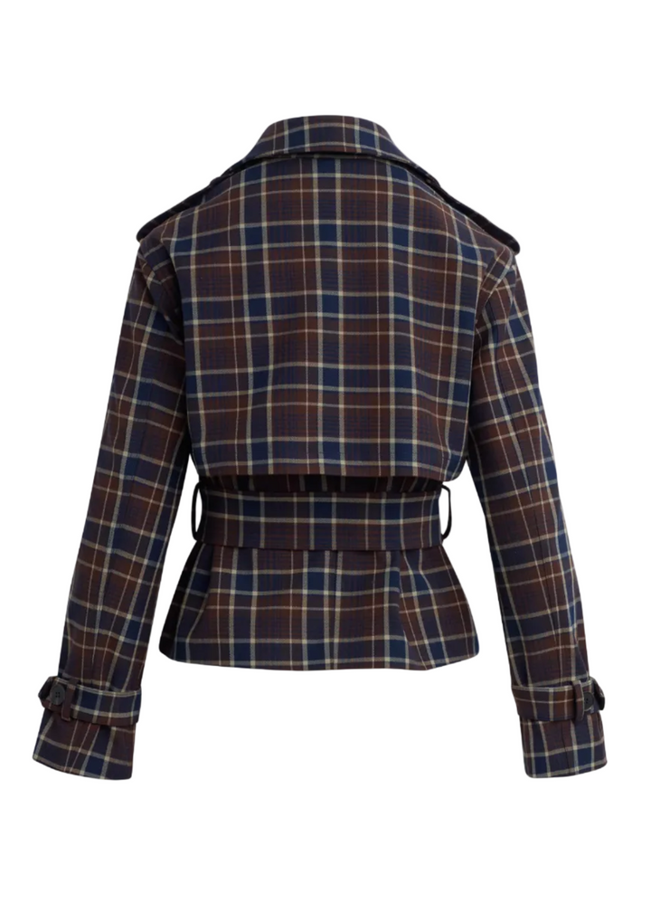 back view of The Cropped Charles Trench by Favorite Daughter in Toffee Plaid
