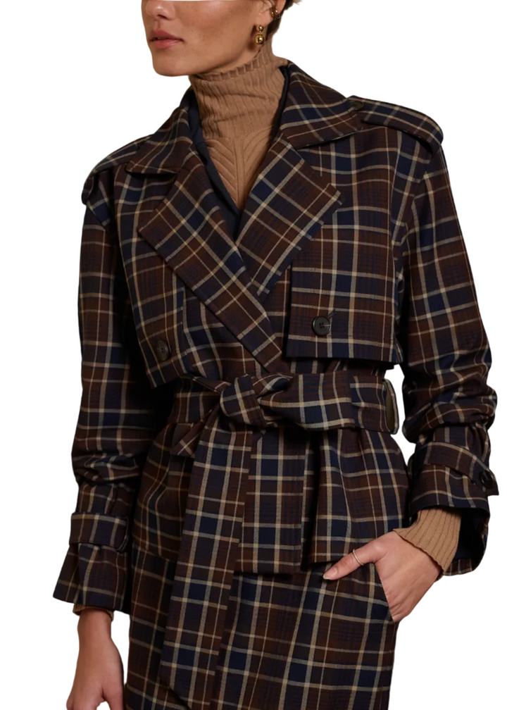 model wearing The Cropped Charles Trench by Favorite Daughter in Toffee Plaid