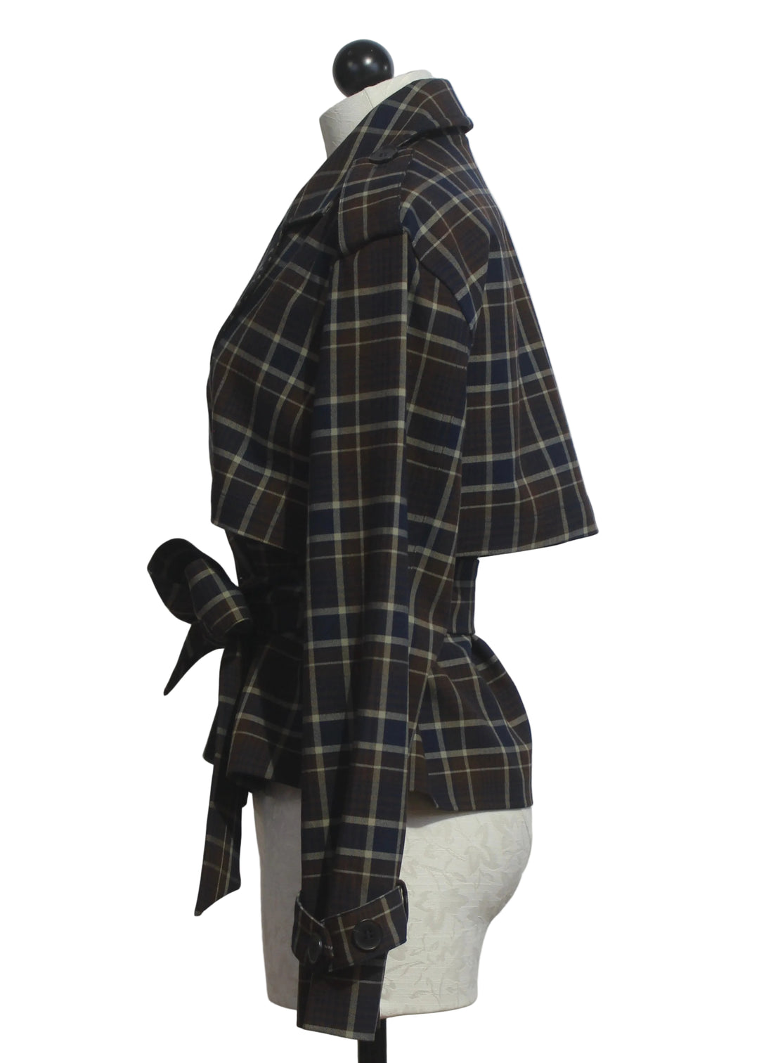 side view of The Cropped Charles Trench by Favorite Daughter in Toffee Plaid