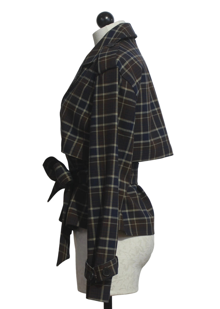 side view of The Cropped Charles Trench by Favorite Daughter in Toffee Plaid
