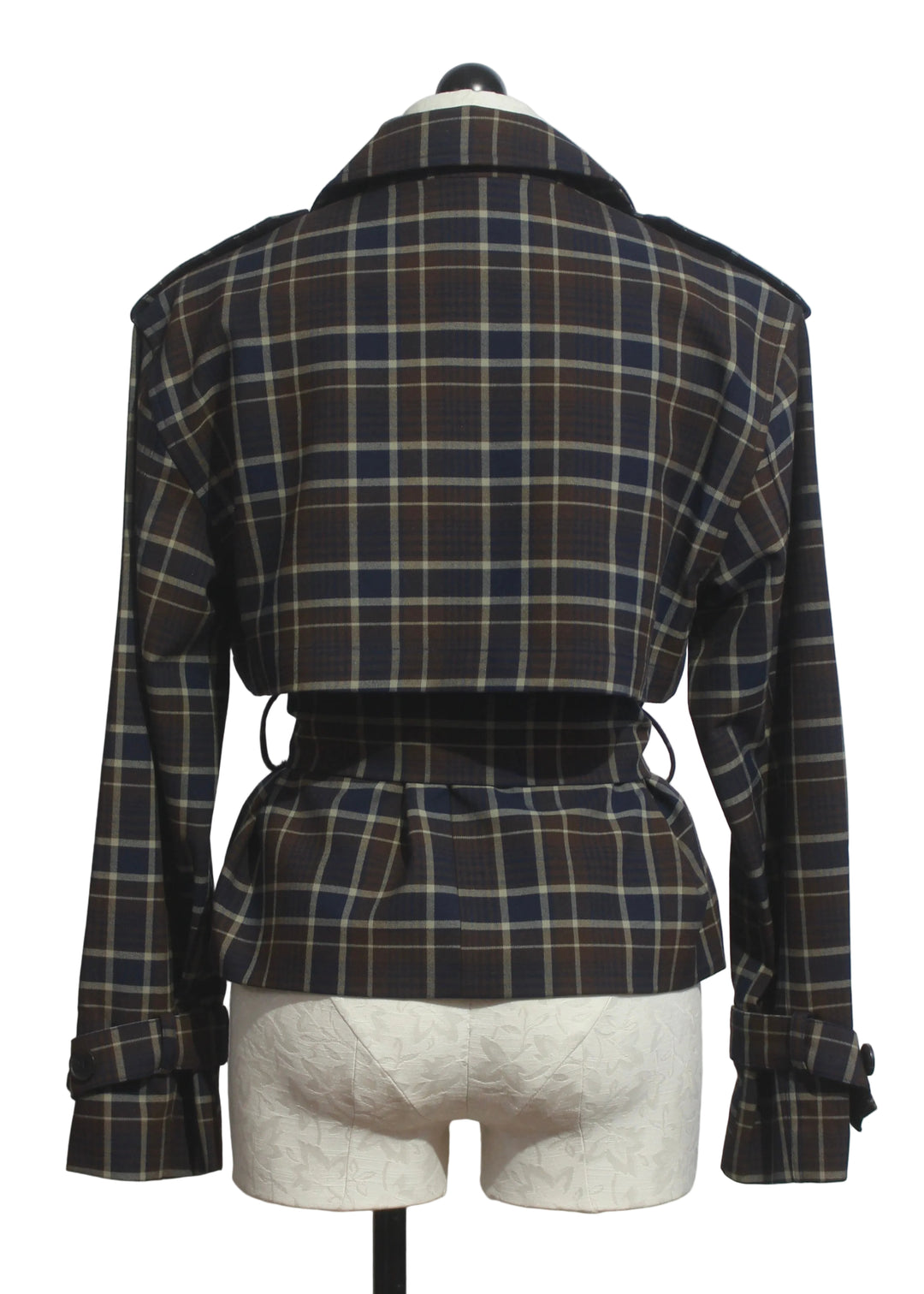 back view of The Cropped Charles Trench by Favorite Daughter in Toffee Plaid