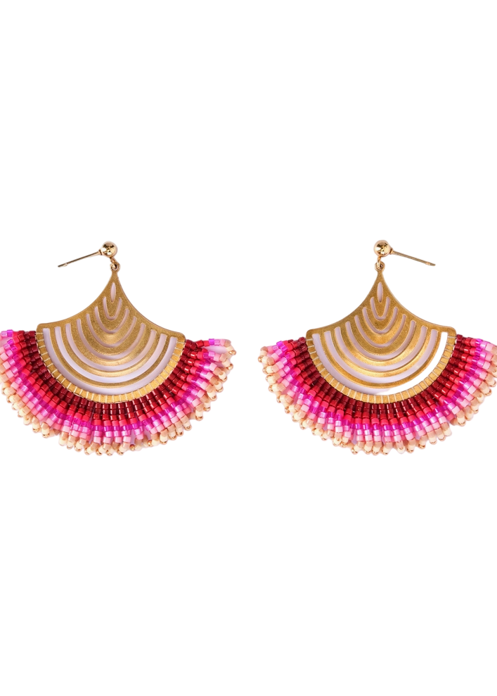 Pink Beaded Handwoven Flamenco Fan Earrings by Mayana Designs Co