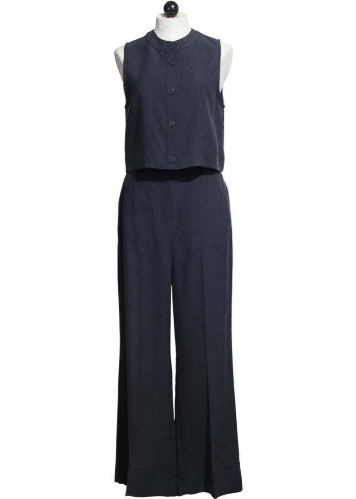 The Sleeveless Navy Fine Line Top by Favorite Daughter paired with the matching Navy Fine Line Pants by Favorite Daughter